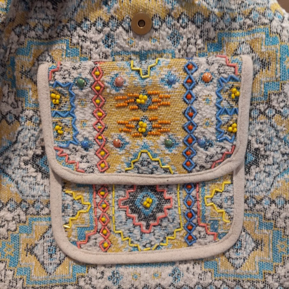 Boho Chic Backpack - Ethnic Inspired Pattern - Hand Beaded Accents - Fine Cotton - Picture 14 of 16